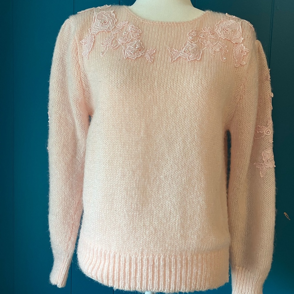 Christina Blush Pink Floral Applique Crewneck Sweater